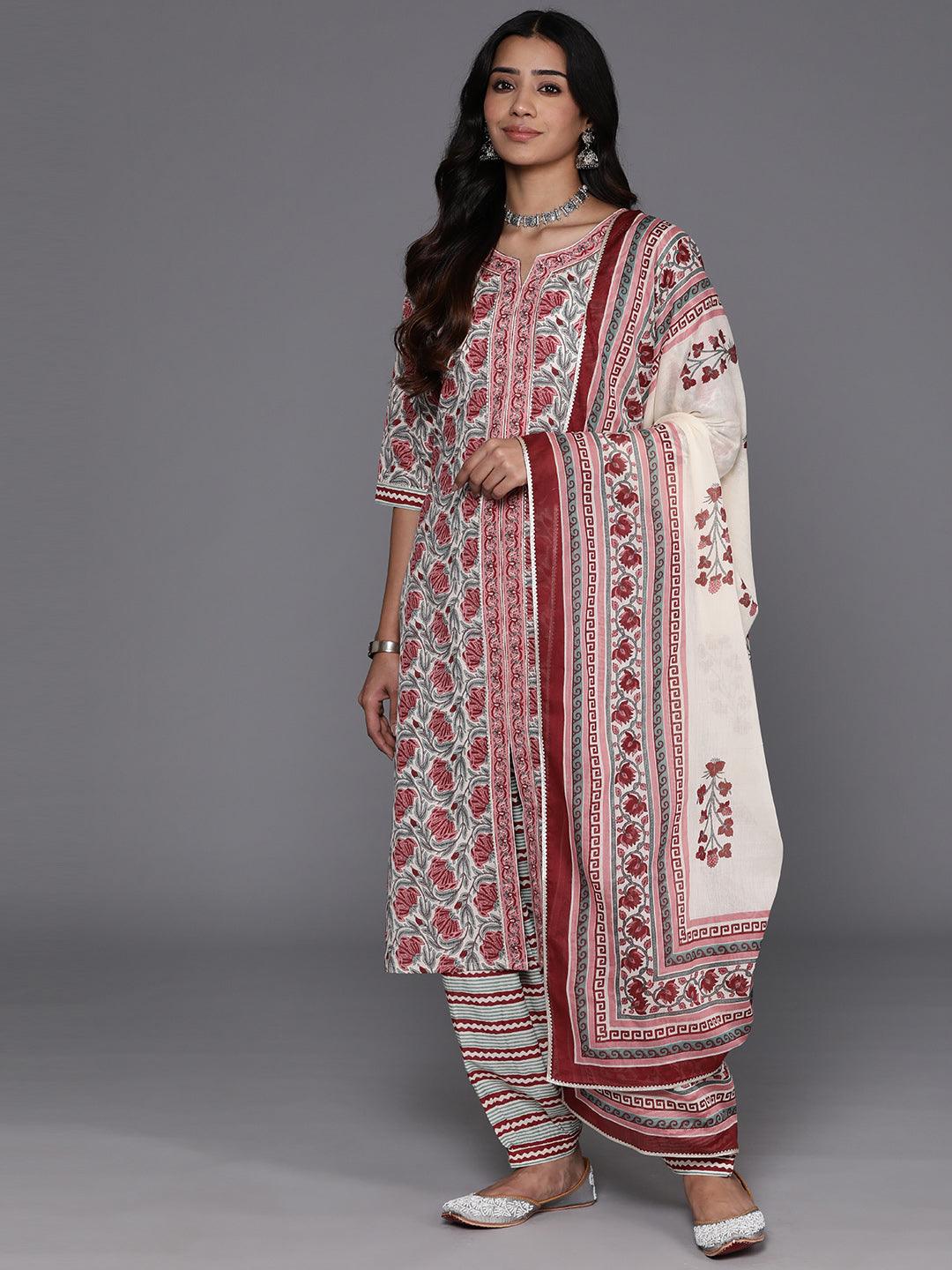 Grey Printed Cotton Straight Kurta With Salwar & Dupatta - ShopLibas