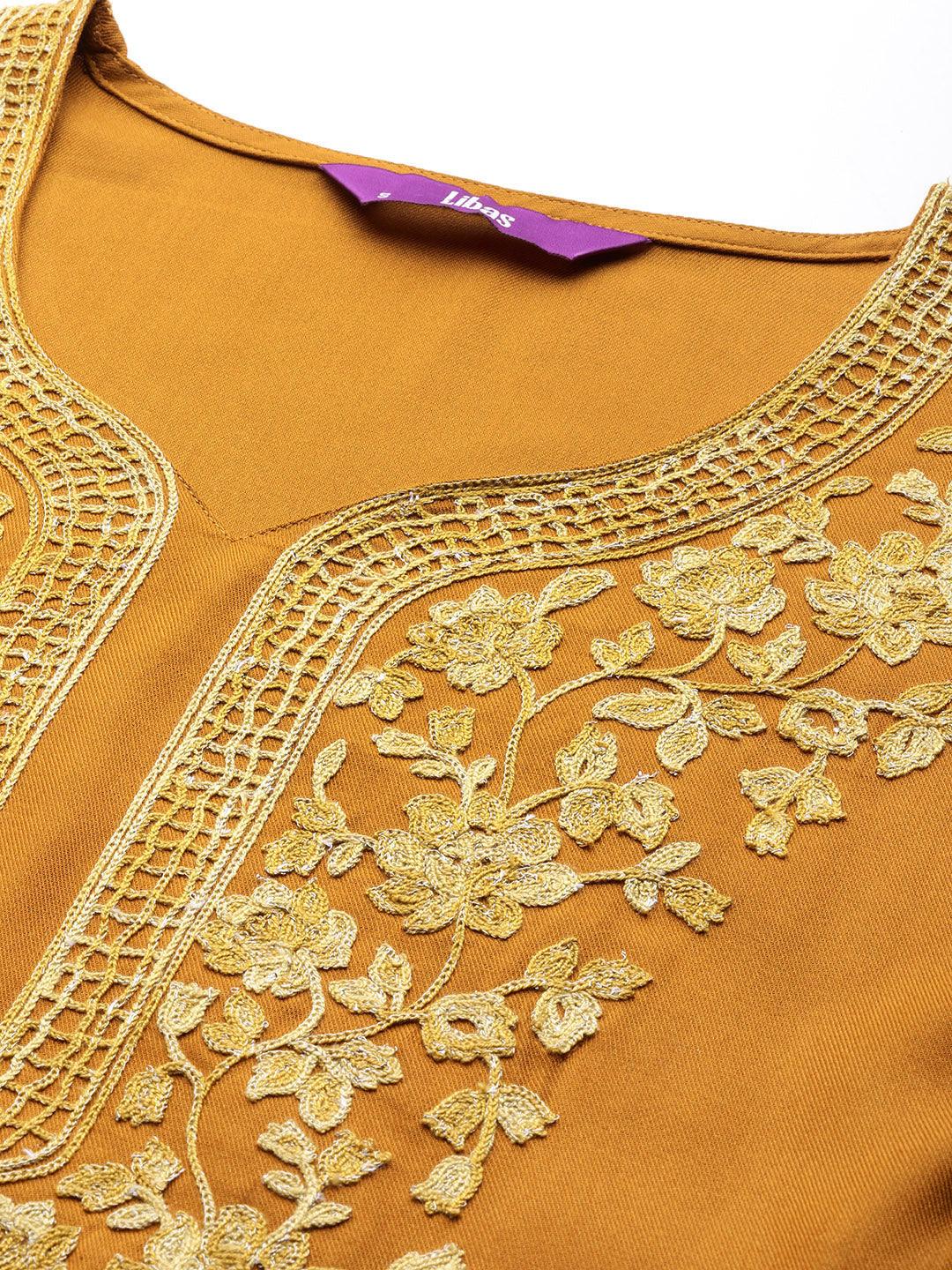 Mustard Yoke Design Wool Blend Straight Kurta With Palazzos - ShopLibas 