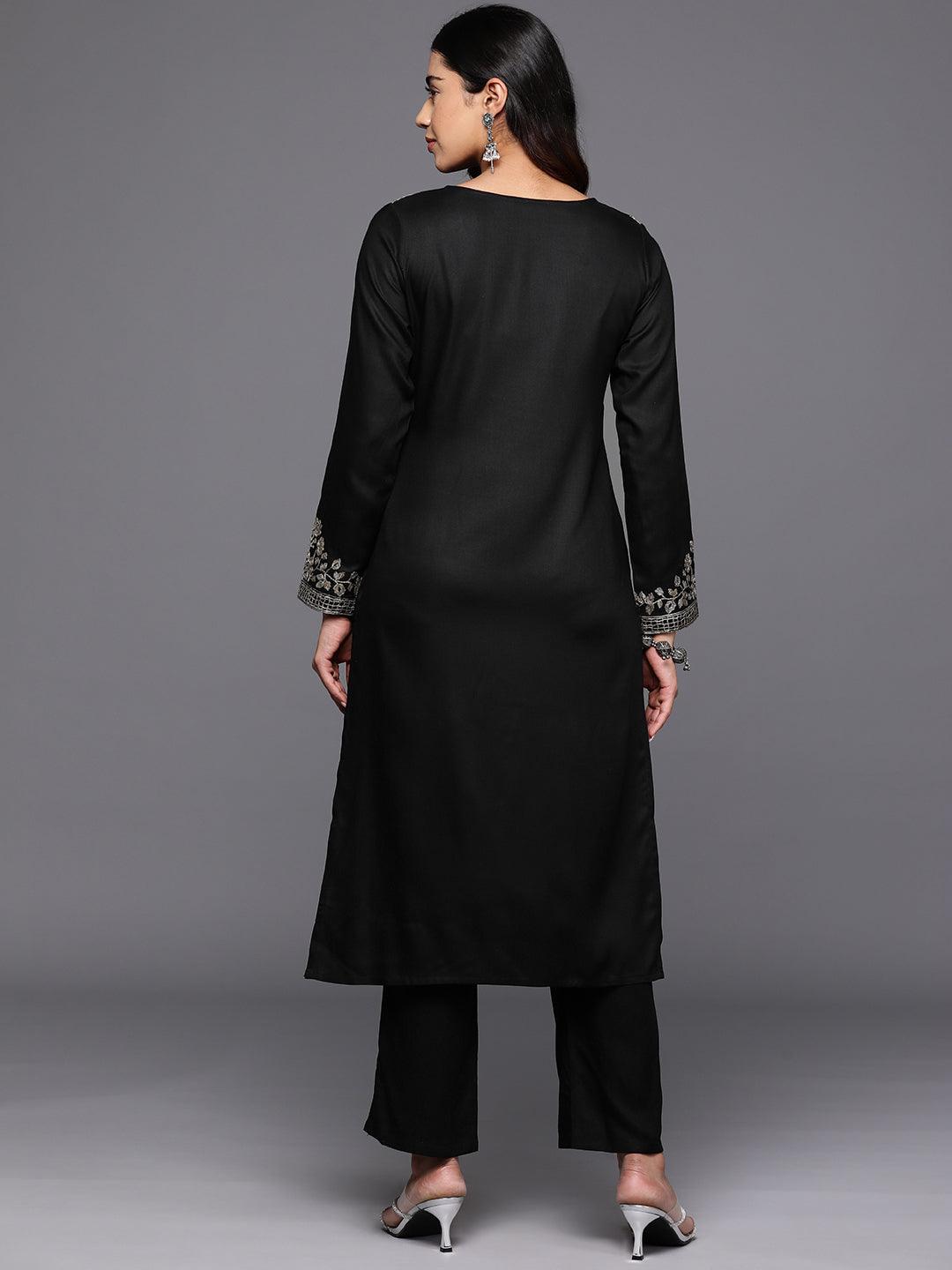 Black Yoke Design Wool Blend Straight Kurta With Palazzos - ShopLibas 
