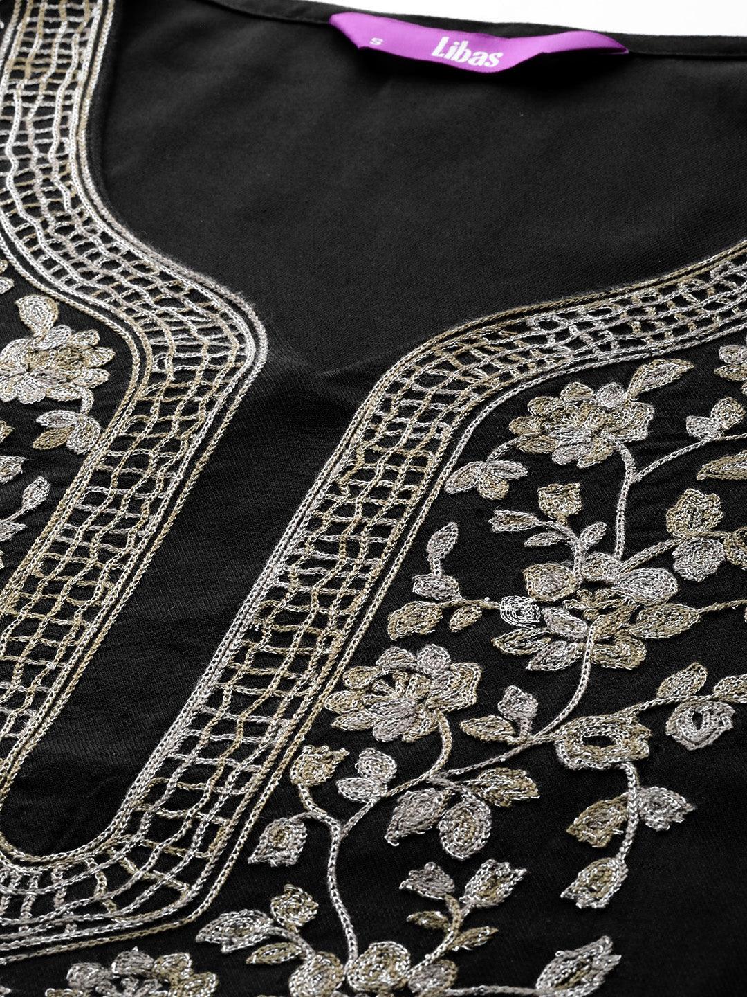 Black Yoke Design Wool Blend Straight Kurta With Palazzos - ShopLibas 