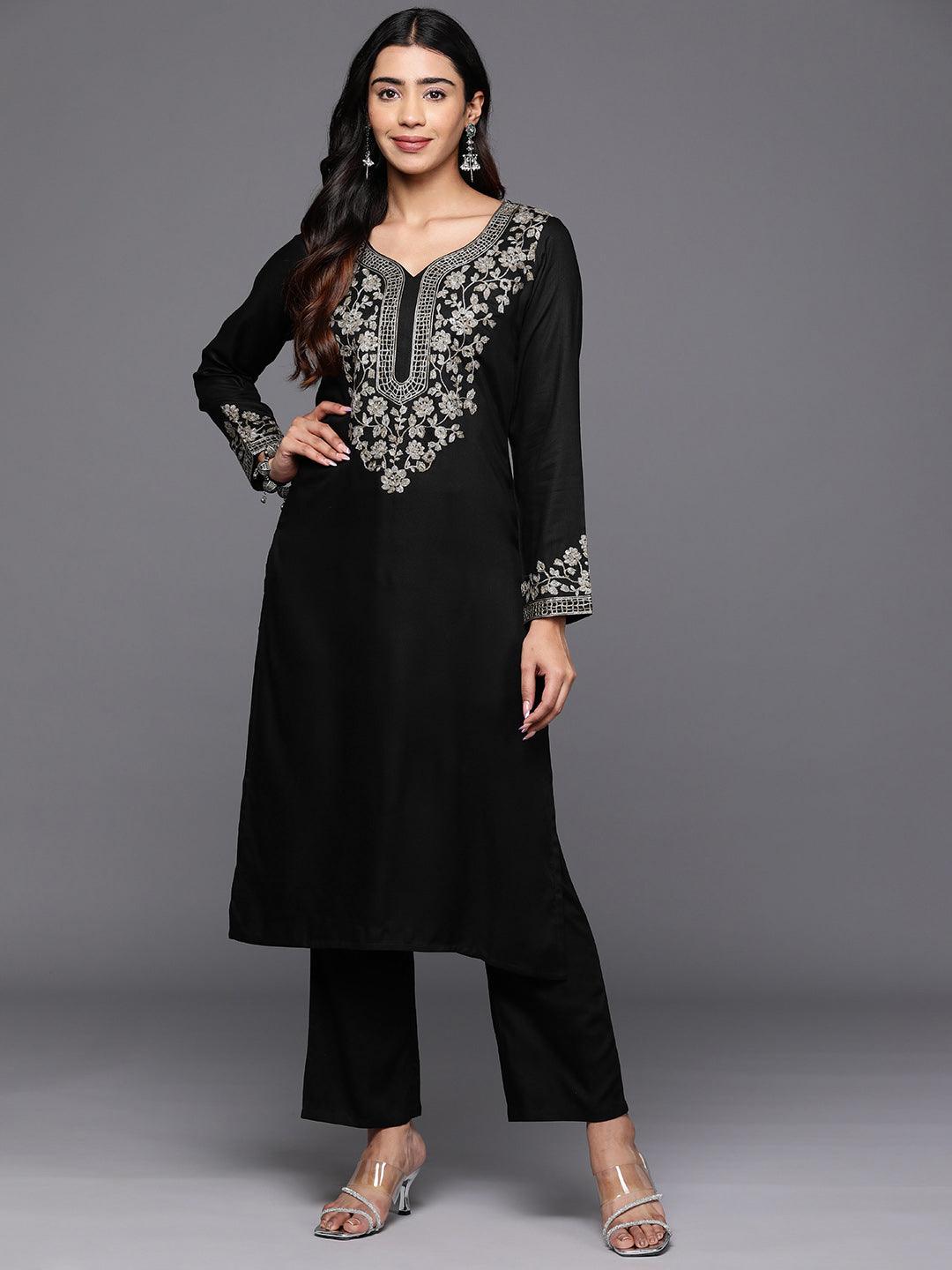 Black Yoke Design Wool Blend Straight Kurta With Palazzos - ShopLibas 