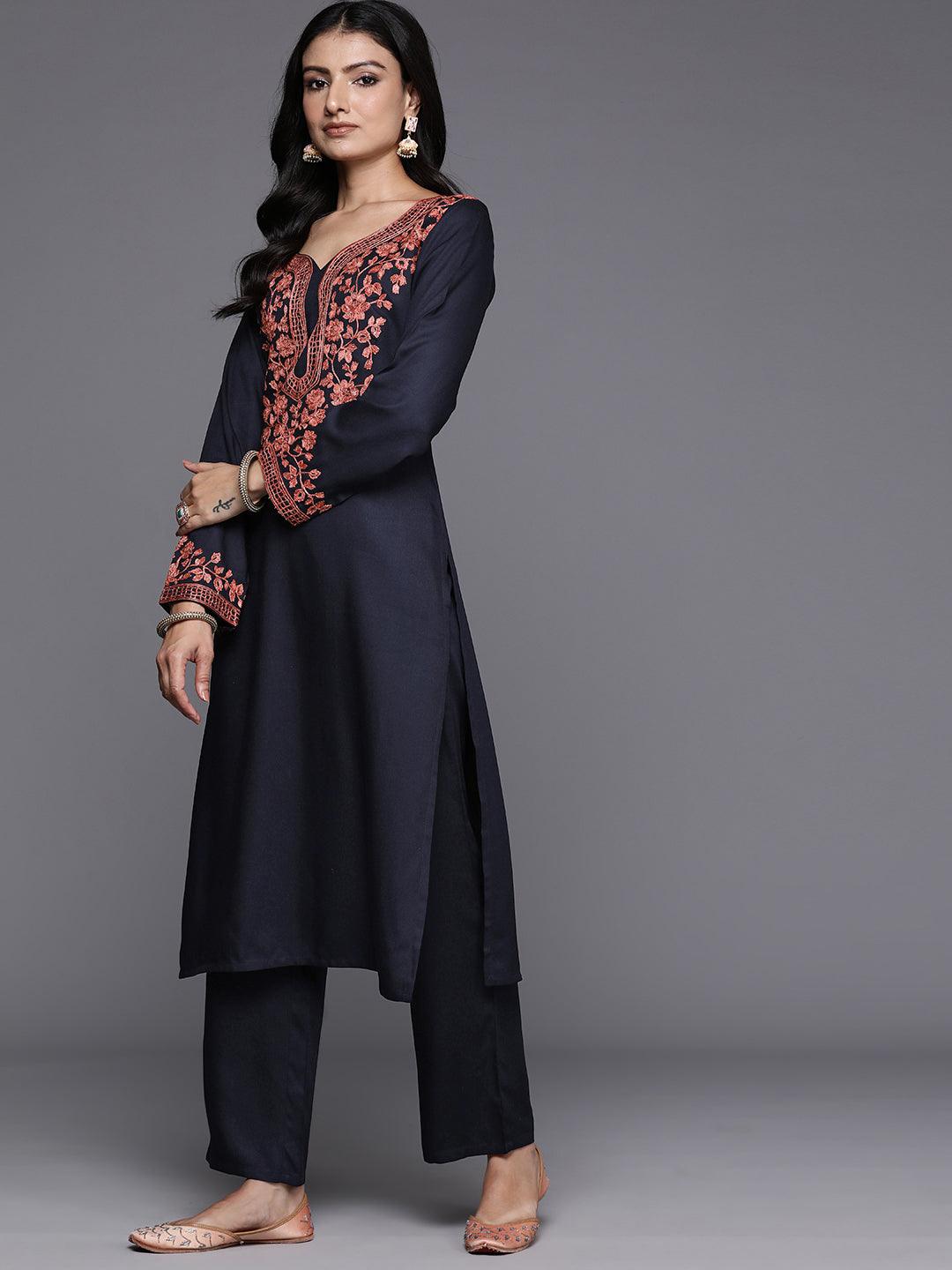 Navy Yoke Design Wool Blend Straight Kurta With Palazzos - ShopLibas 