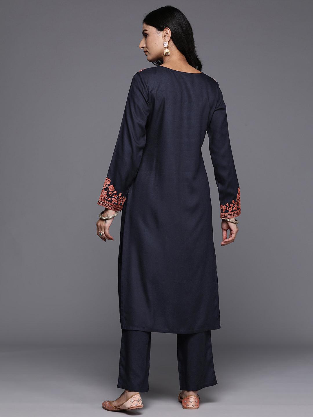 Navy Yoke Design Wool Blend Straight Kurta With Palazzos - ShopLibas 