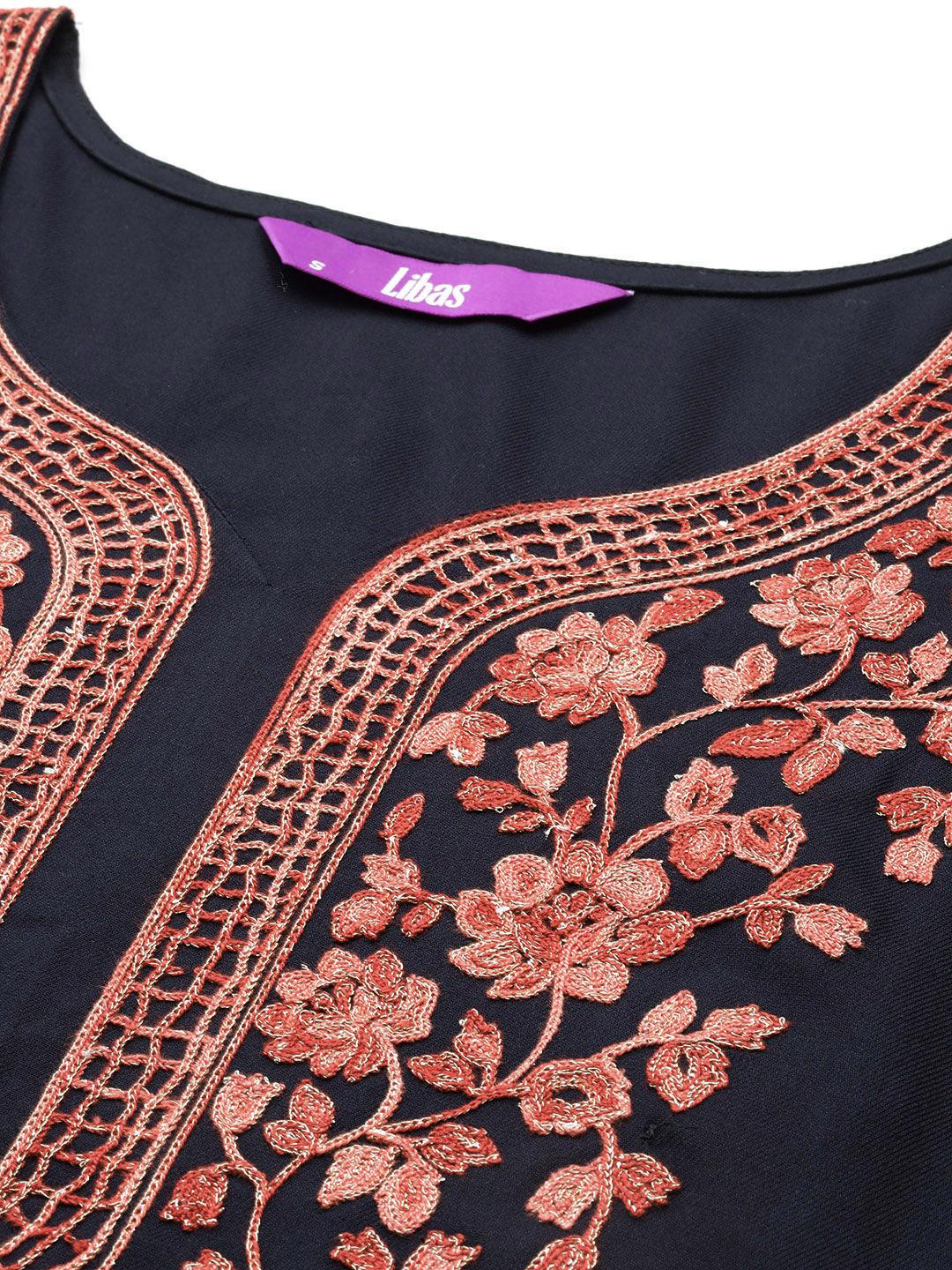 Navy Yoke Design Wool Blend Straight Kurta With Palazzos - ShopLibas 