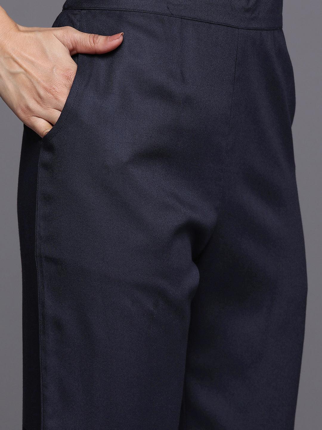 Navy Yoke Design Wool Blend Straight Kurta With Palazzos - ShopLibas 