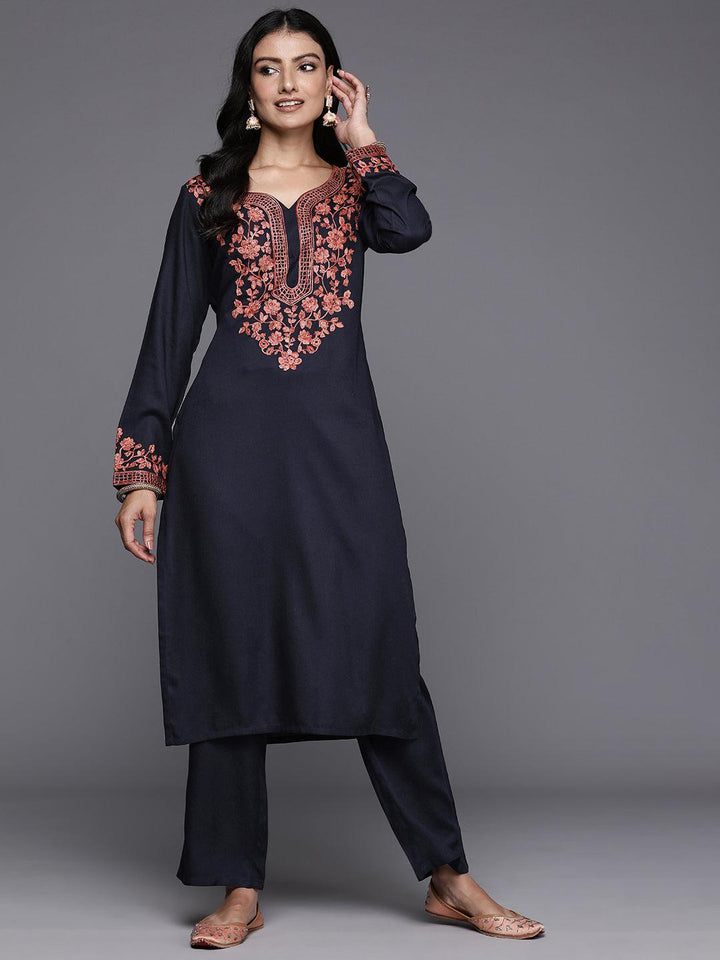 Navy Blue Yoke Design Wool Blend Straight Kurta Set