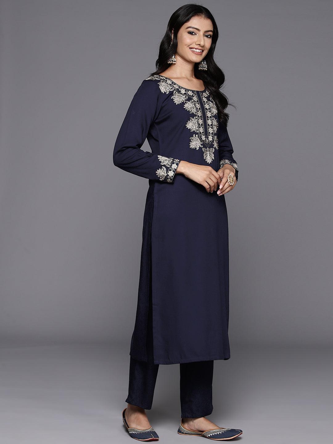 Navy Blue Yoke Design Wool Blend Straight Kurta With Palazzos - ShopLibas 