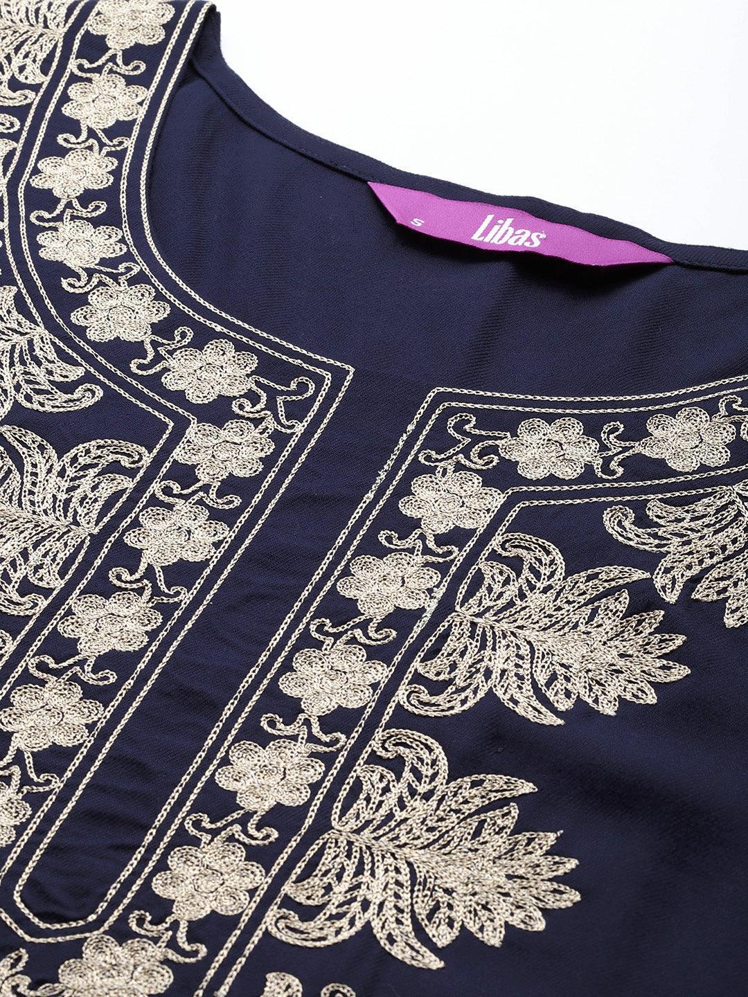 Navy Blue Yoke Design Wool Blend Straight Kurta With Palazzos - ShopLibas 