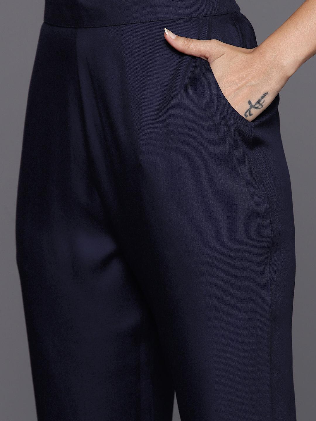 Navy Blue Yoke Design Wool Blend Straight Kurta With Palazzos - ShopLibas 