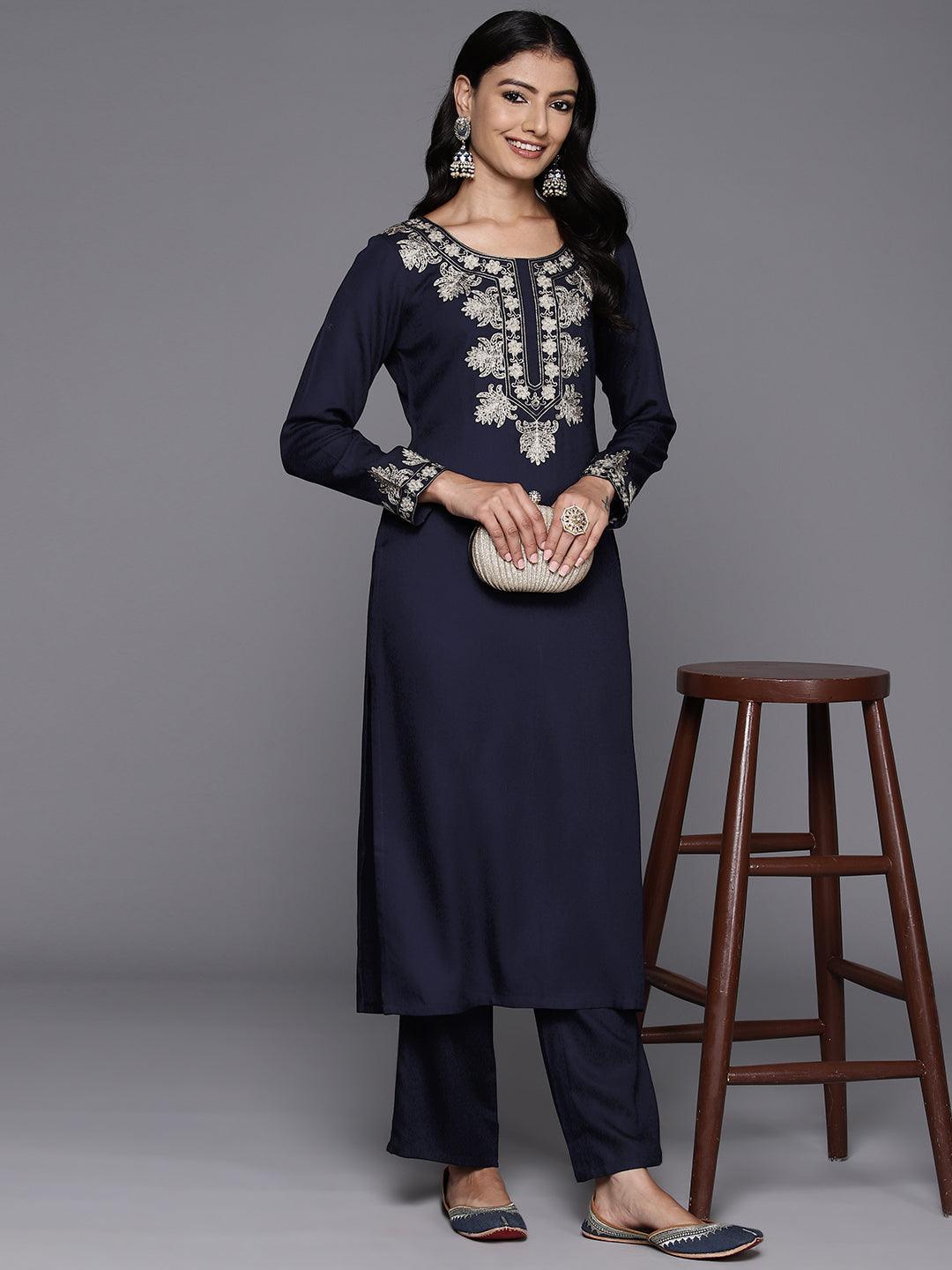Navy Blue Yoke Design Wool Blend Straight Kurta With Palazzos - ShopLibas 