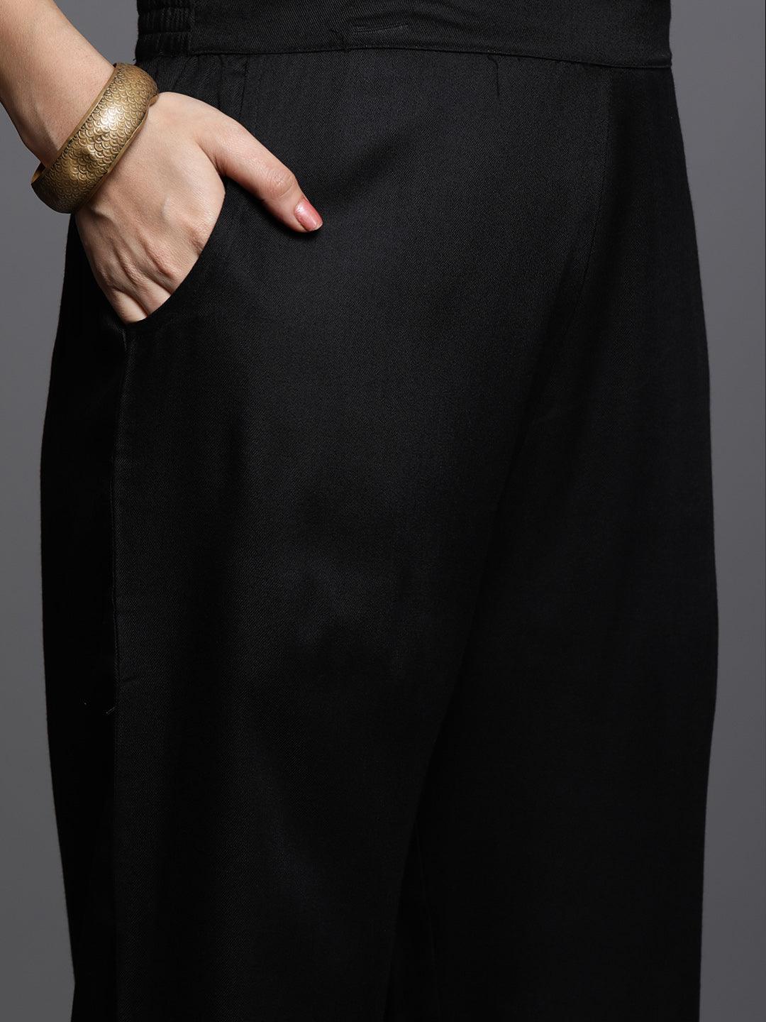 Black Yoke Design Wool Blend Straight Kurta With Palazzos - ShopLibas 