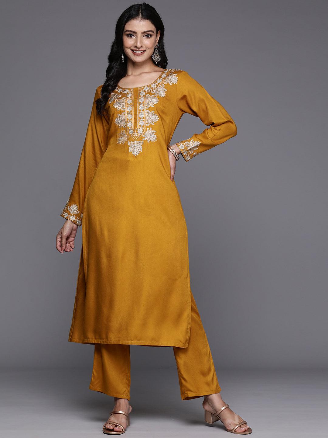 Mustard Yoke Design Wool Blend Straight Kurta With Palazzos - ShopLibas 