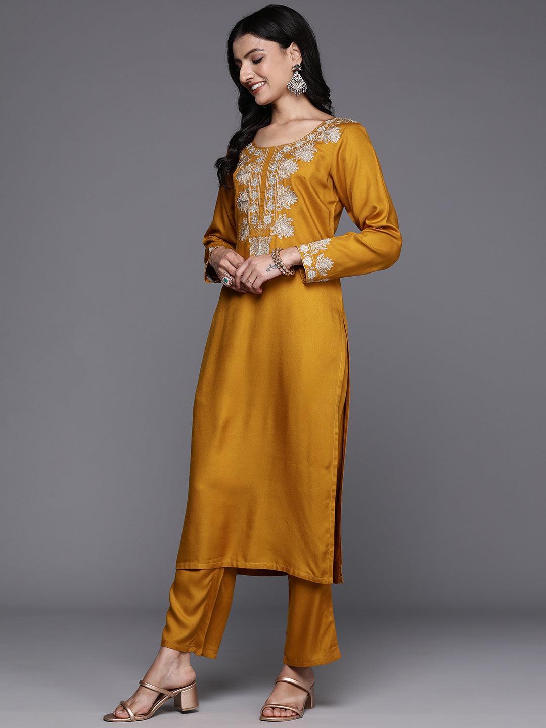 Mustard Yoke Design Wool Blend Straight Kurta With Palazzos - ShopLibas 