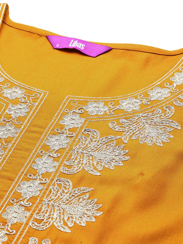 Mustard Yoke Design Wool Blend Straight Kurta Set