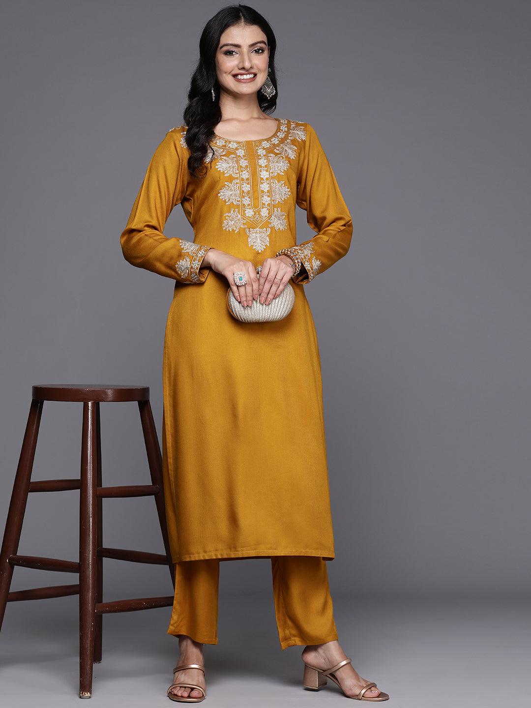 Mustard Yoke Design Wool Blend Straight Kurta With Palazzos - ShopLibas 