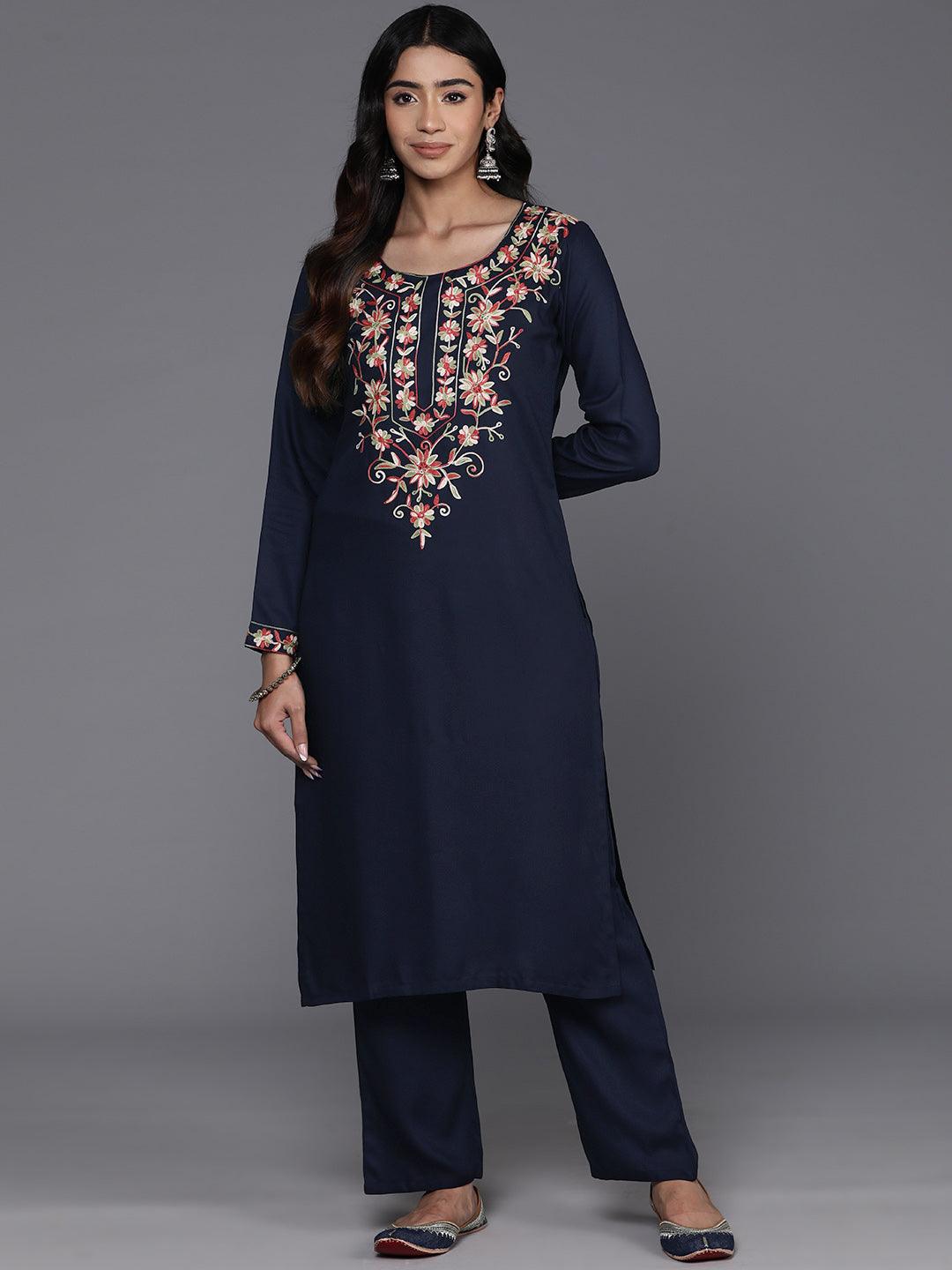 Navy Yoke Design Wool Blend Straight Kurta With Palazzos - ShopLibas 