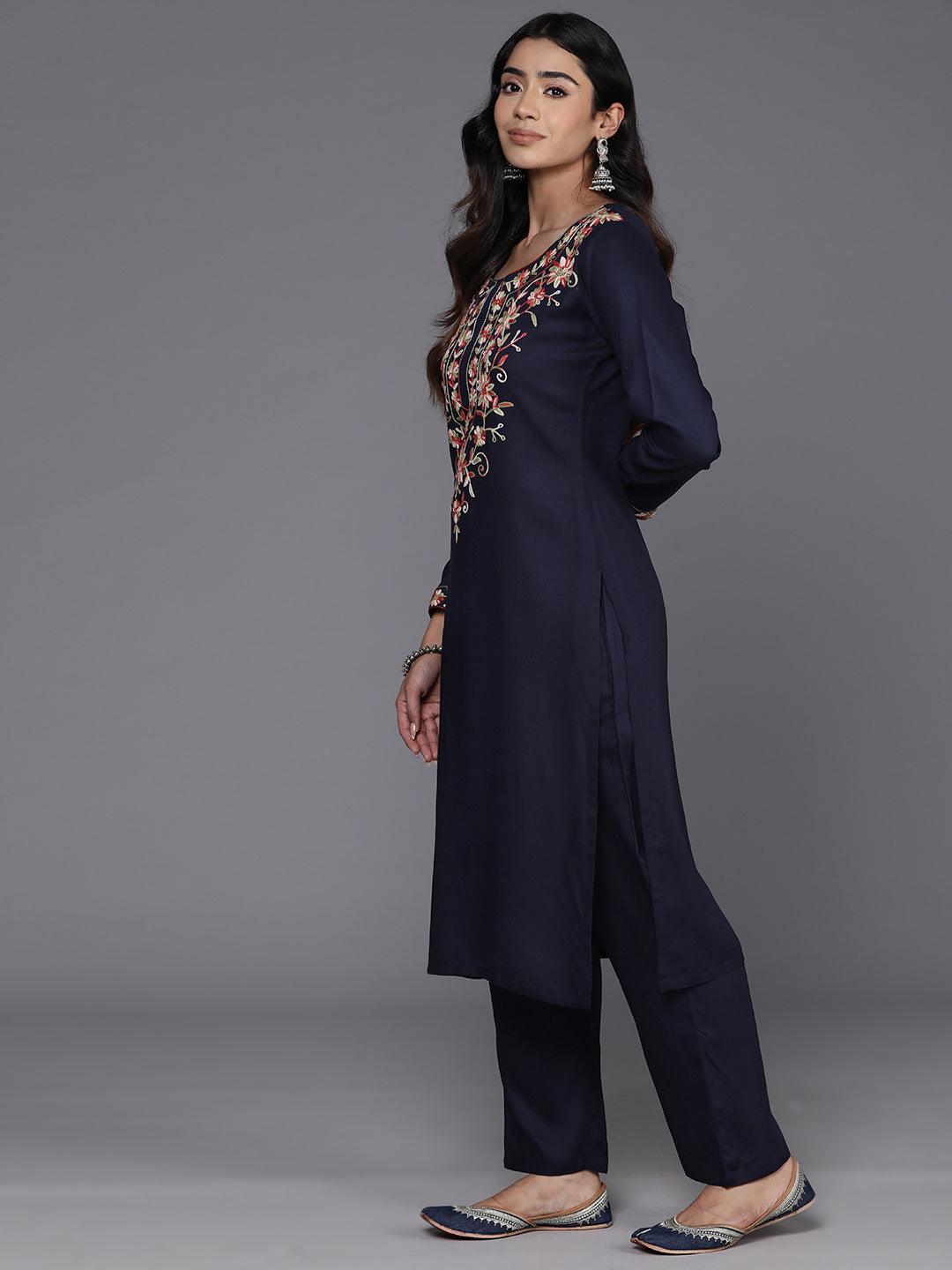Navy Yoke Design Wool Blend Straight Kurta With Palazzos - ShopLibas 