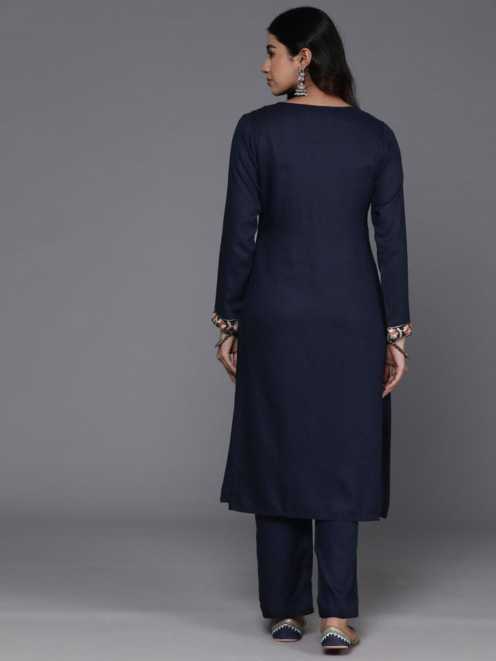 Navy Blue Yoke Design Wool Blend Straight Kurta Set