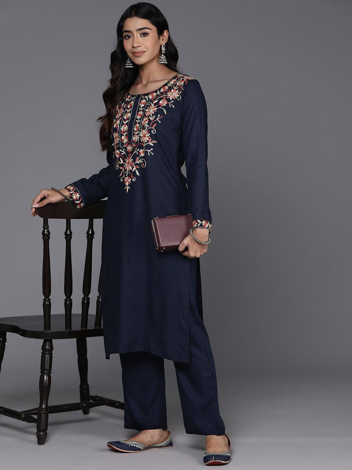 Navy Blue Yoke Design Wool Blend Straight Kurta Set