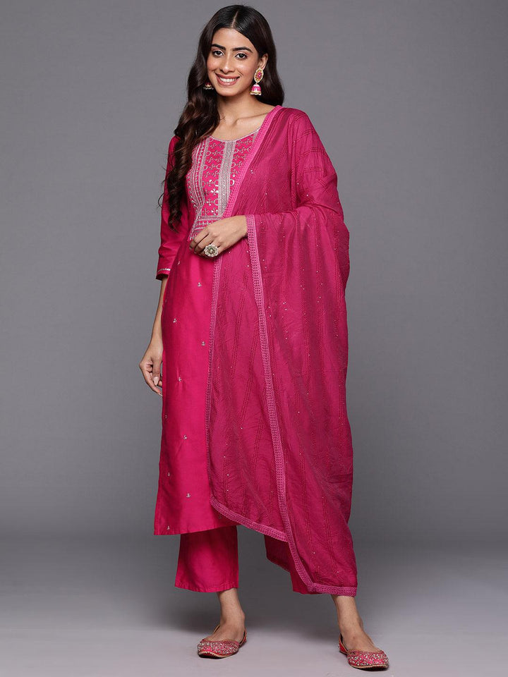 Pink Yoke Design Silk Blend Straight Kurta With Trousers & Dupatta - ShopLibas