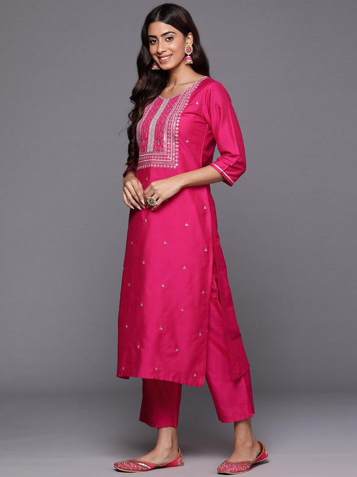 Pink Yoke Design Silk Blend Straight Kurta With Trousers & Dupatta - ShopLibas