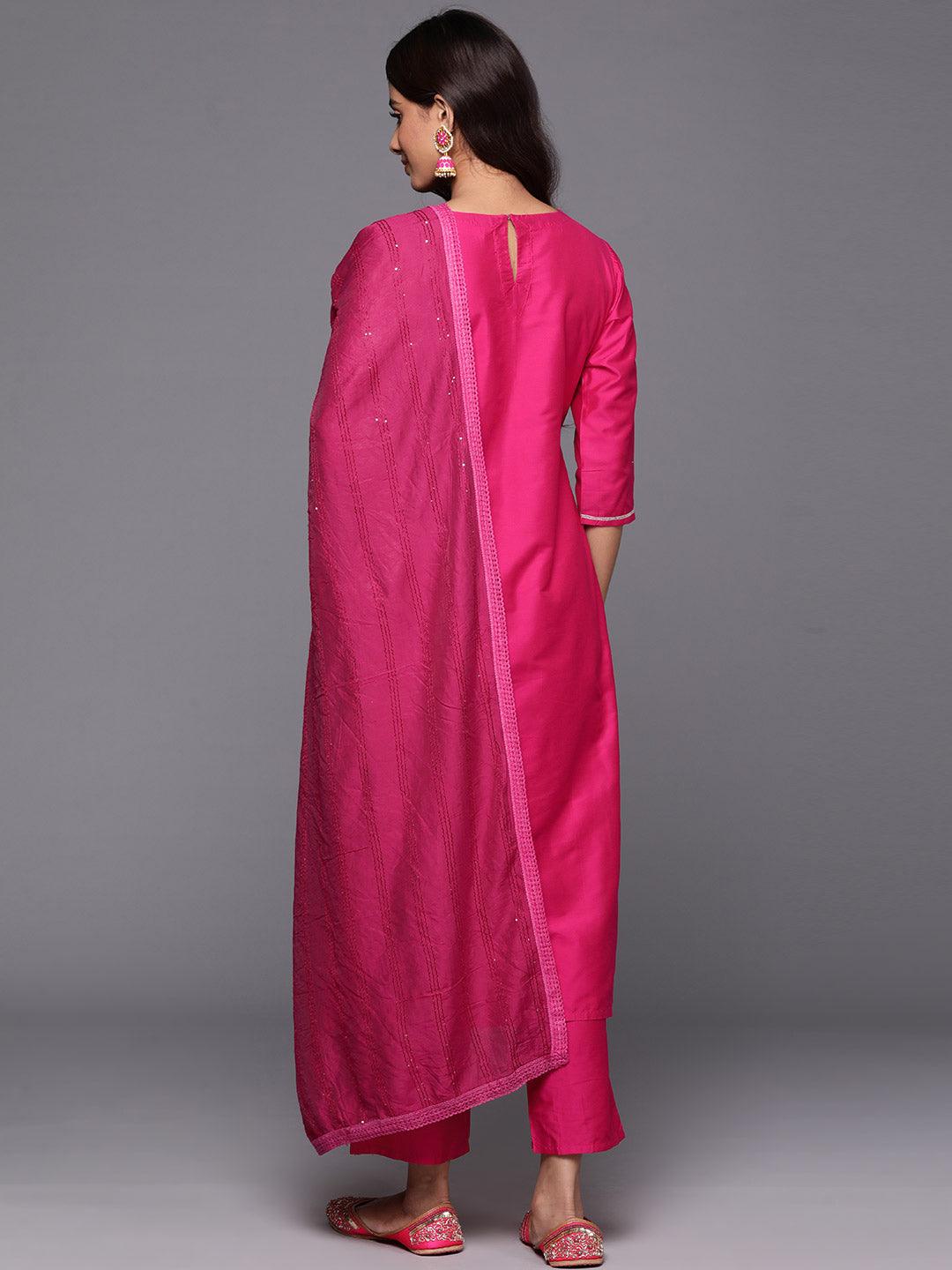 Pink Yoke Design Silk Blend Straight Kurta With Trousers & Dupatta - ShopLibas