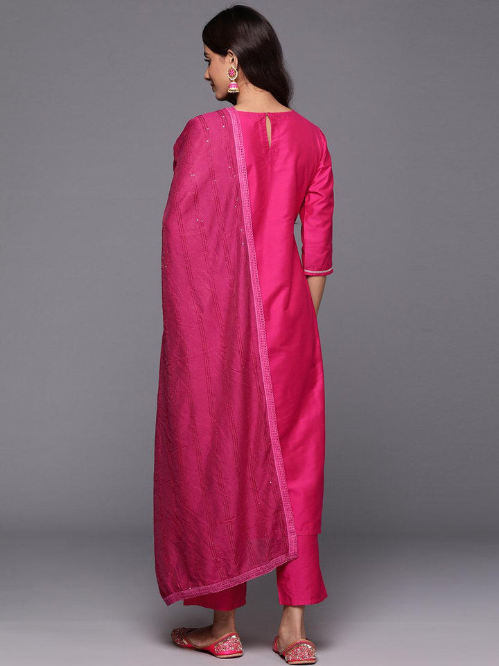 Pink Yoke Design Silk Blend Straight Kurta With Trousers & Dupatta - ShopLibas