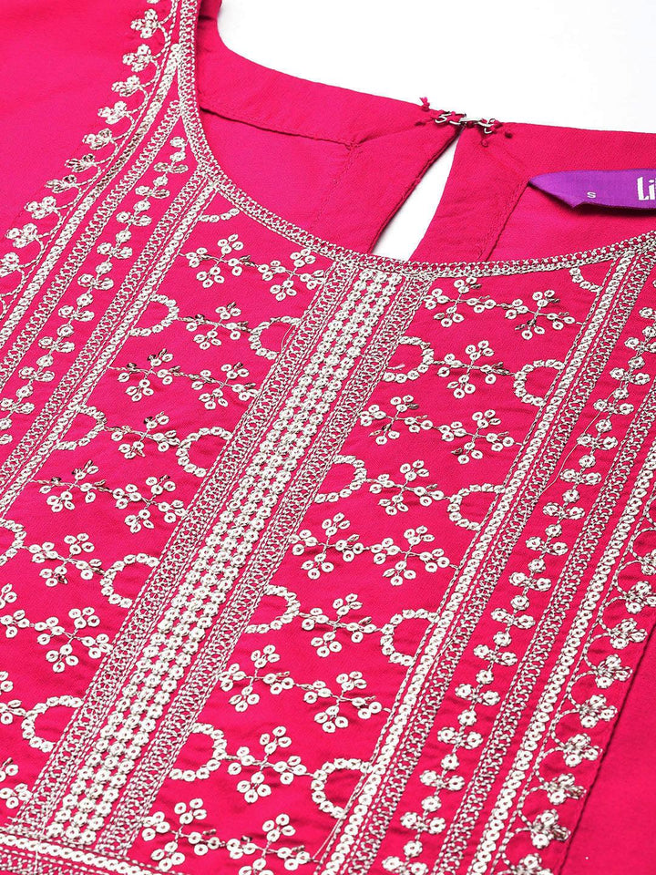 Pink Yoke Design Silk Blend Straight Kurta With Trousers & Dupatta - ShopLibas