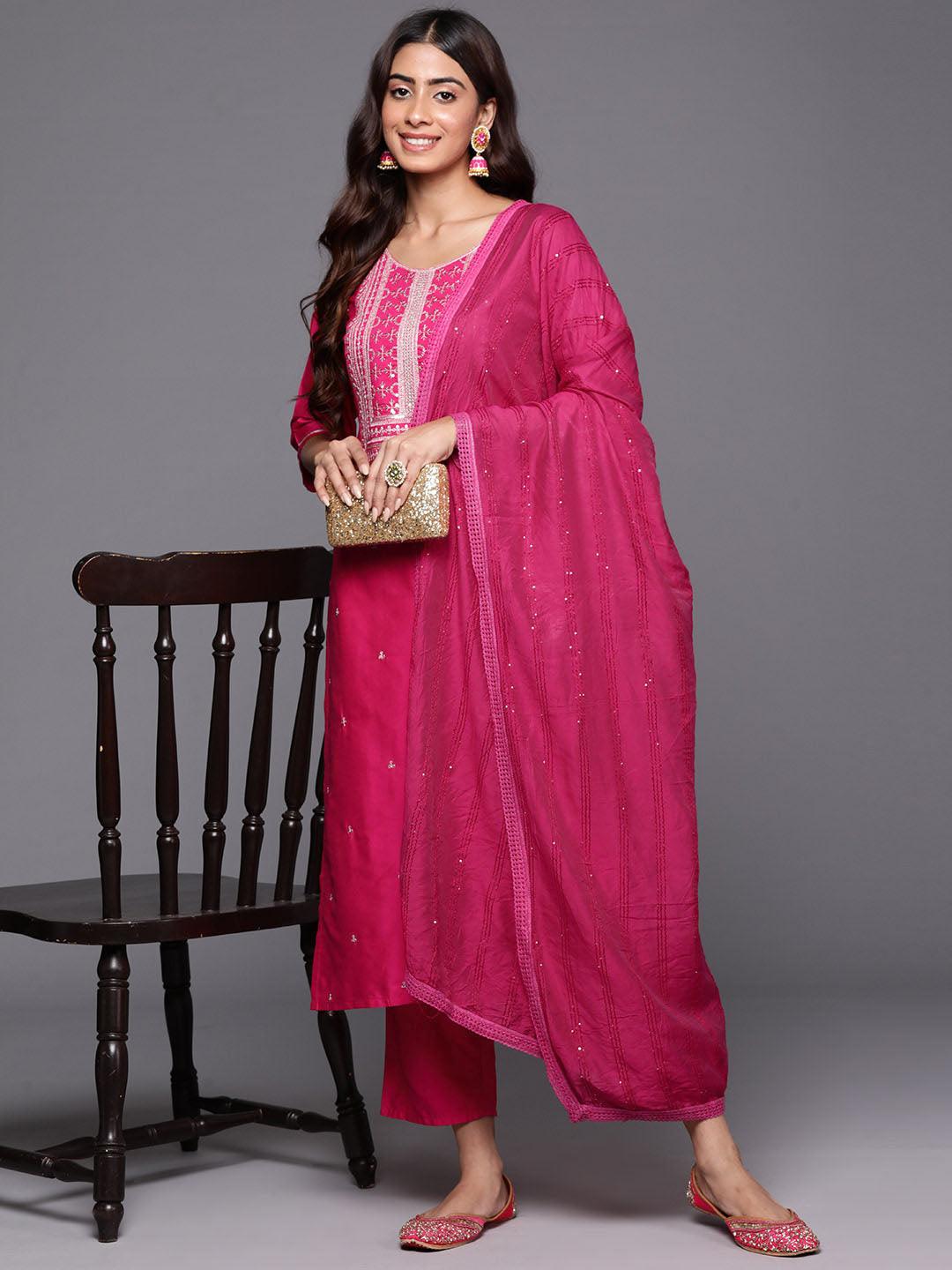 Pink Yoke Design Silk Blend Straight Kurta With Trousers & Dupatta - ShopLibas