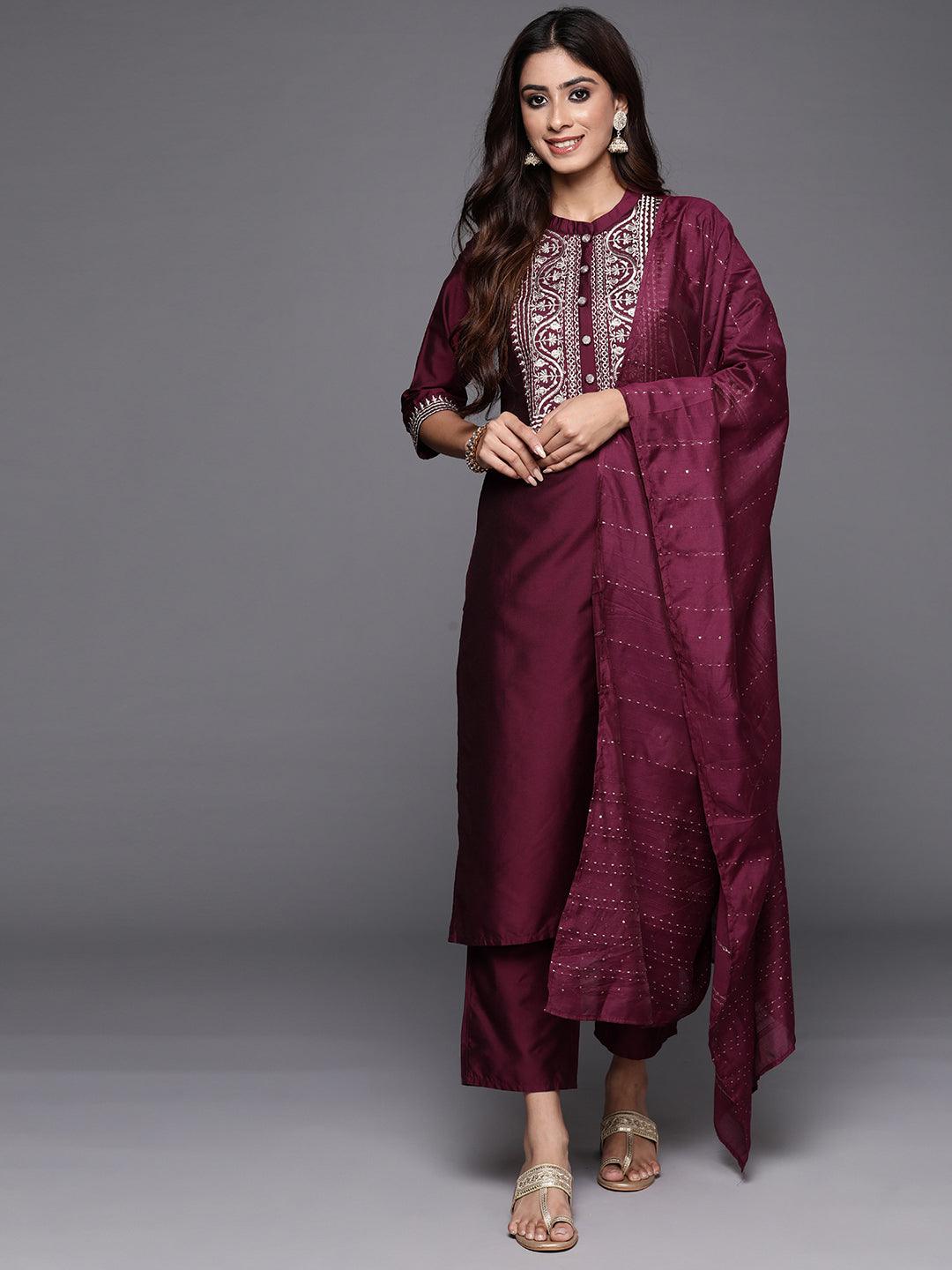 Wine Yoke Design Silk Blend Straight Kurta With Trousers & Dupatta - ShopLibas