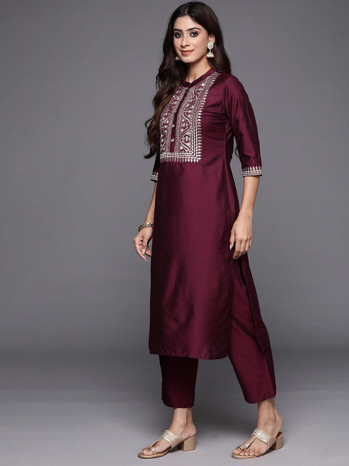 Wine Yoke Design Silk Blend Straight Kurta With Trousers & Dupatta - ShopLibas