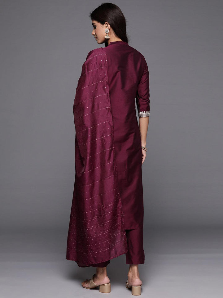 Wine Yoke Design Silk Blend Straight Kurta With Trousers & Dupatta - ShopLibas
