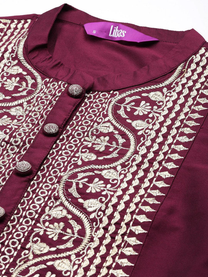 Wine Yoke Design Silk Blend Straight Kurta With Trousers & Dupatta - ShopLibas