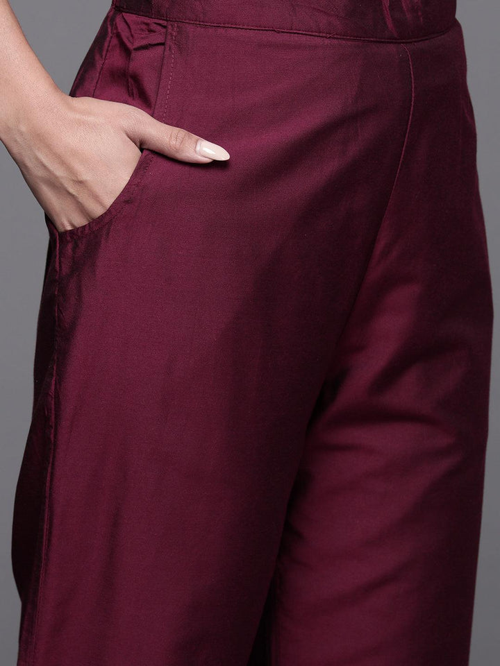 Wine Yoke Design Silk Blend Straight Kurta With Trousers & Dupatta - ShopLibas
