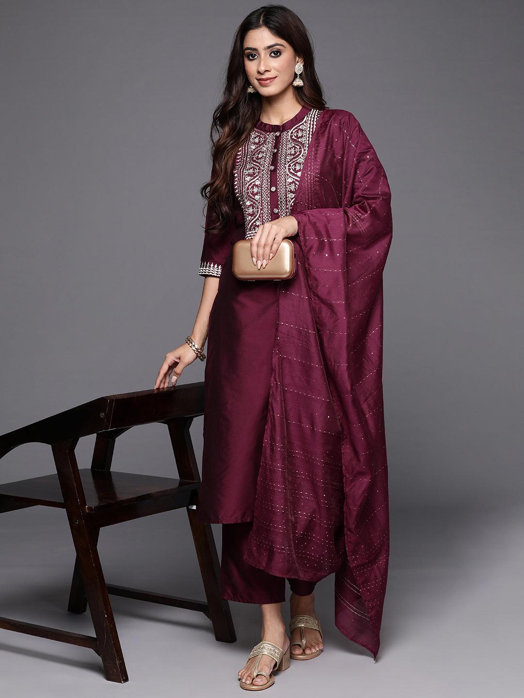 Wine Yoke Design Silk Blend Straight Kurta With Trousers & Dupatta - ShopLibas