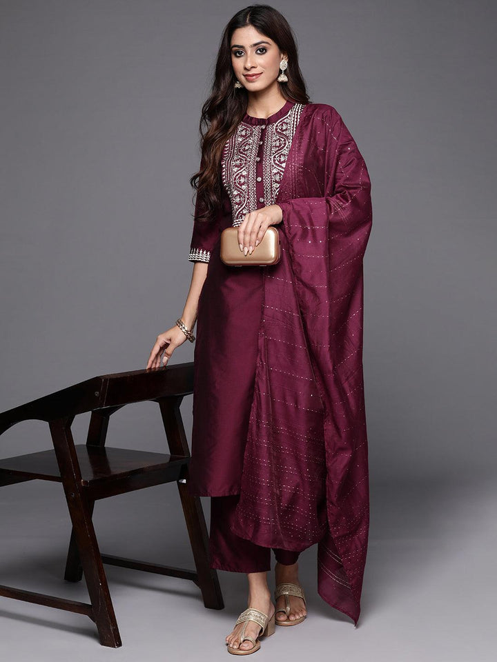 Wine Yoke Design Silk Blend Straight Kurta With Trousers & Dupatta - ShopLibas