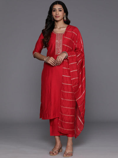 Red Yoke Design Silk Blend Straight Kurta With Trousers & Dupatta - ShopLibas