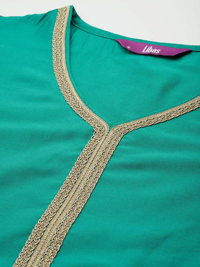 Green Solid Silk Blend Straight Kurta With Trousers & Dupatta - ShopLibas
