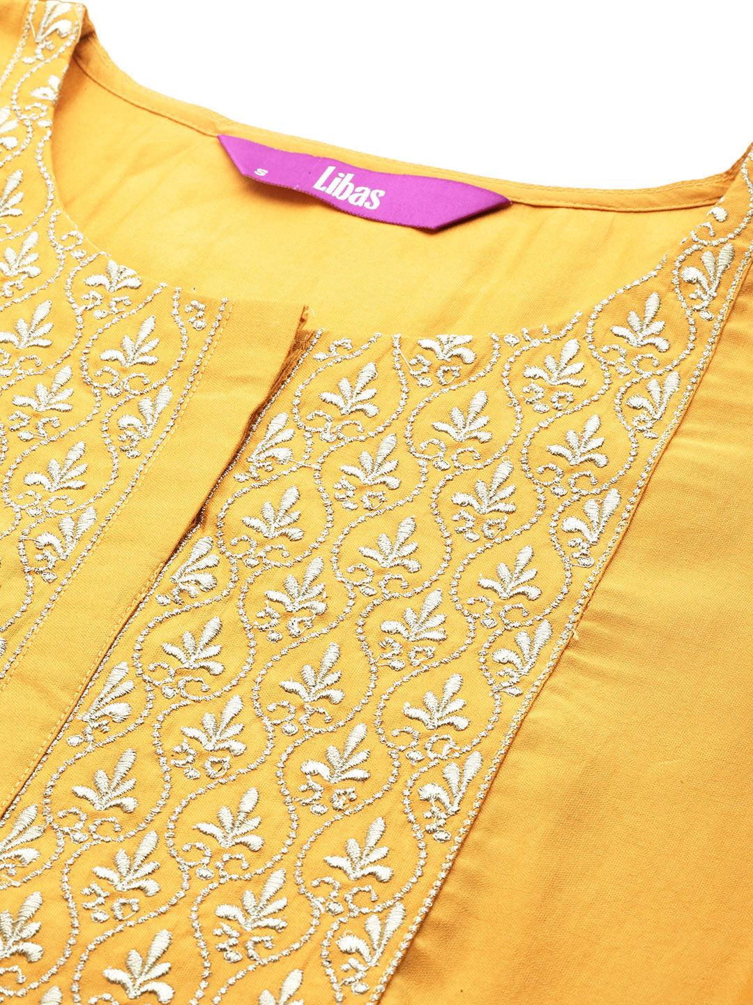 Mustard Solid Silk Blend Straight Kurta With Trousers & Dupatta - ShopLibas
