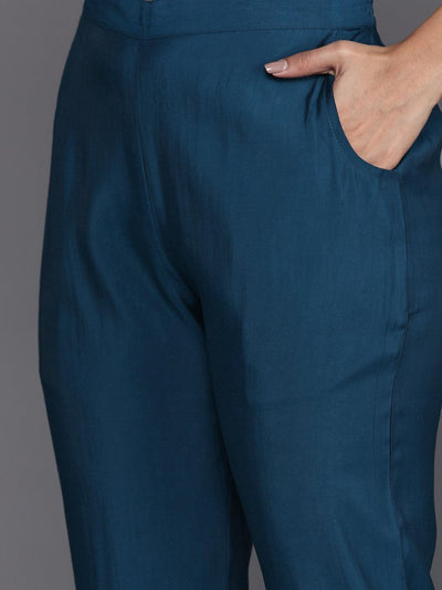 Blue Solid Silk Blend Straight Kurta With Trousers & Dupatta - ShopLibas