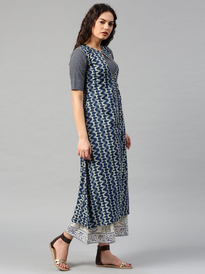 Navy Blue Printed Cotton Kurta - ShopLibas