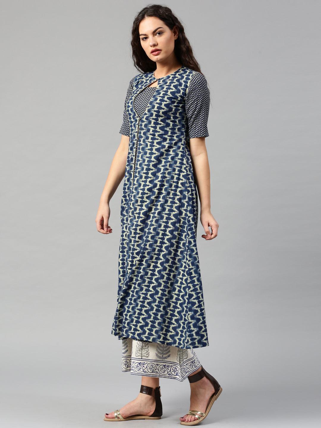 Navy Blue Printed Cotton Kurta - ShopLibas