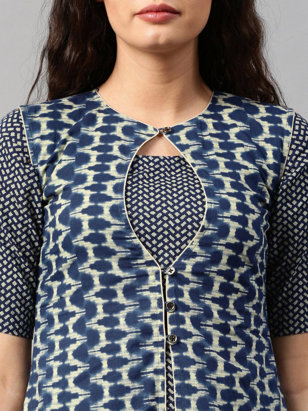 Navy Blue Printed Cotton Kurta - ShopLibas