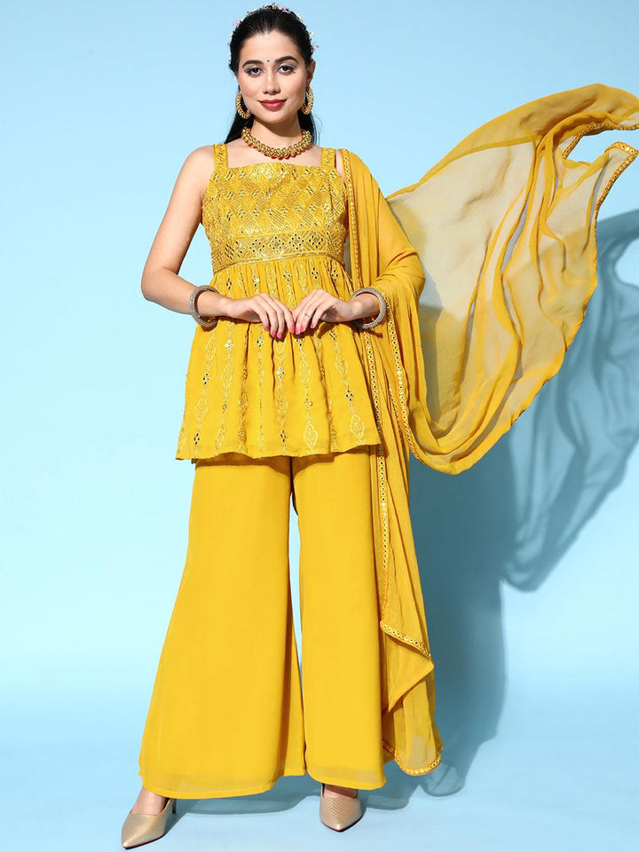 Mustard Embroidered Georgette Anarkali Kurta Set - ShopLibas
