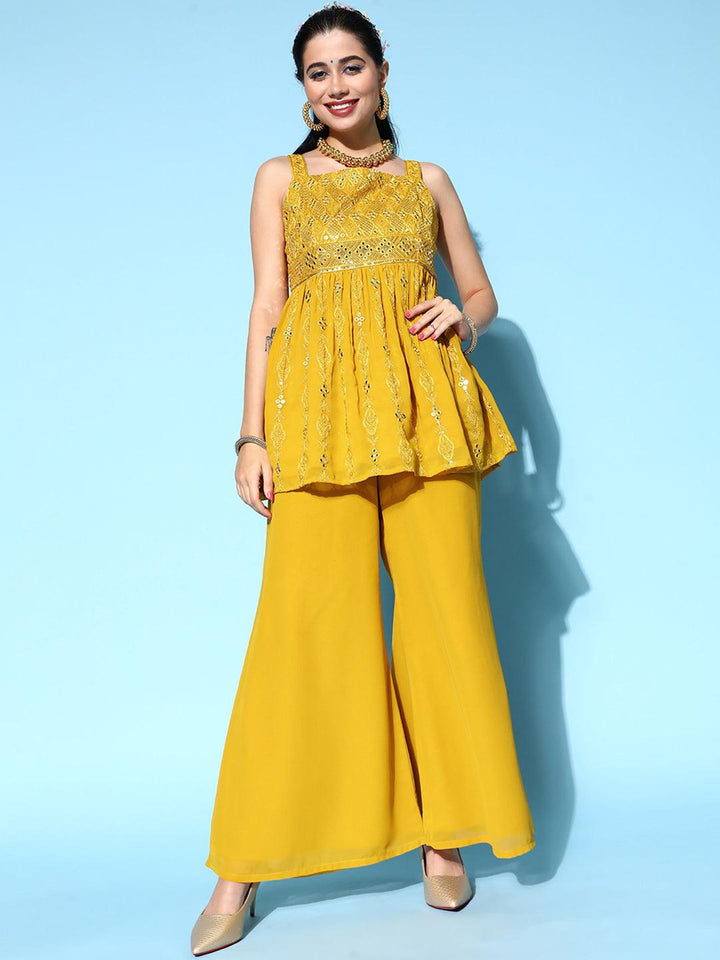 Mustard Embroidered Georgette Anarkali Kurta Set - ShopLibas