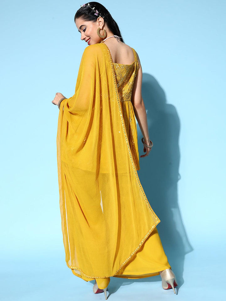 Mustard Embroidered Georgette Anarkali Kurta Set - ShopLibas