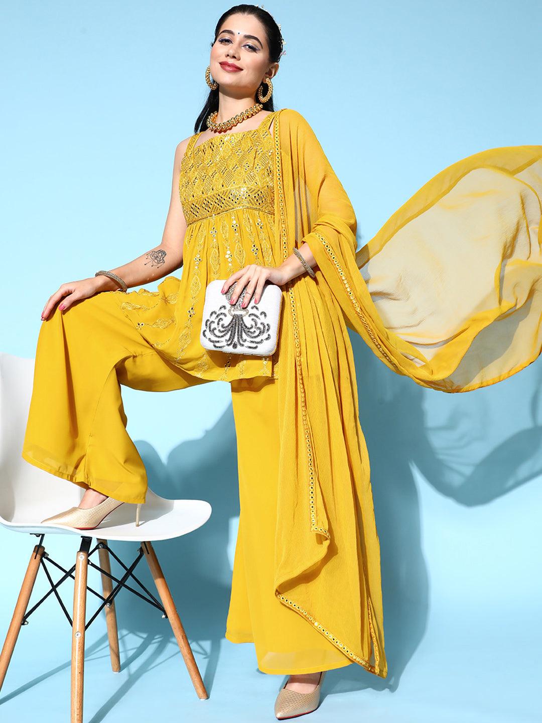 Mustard Embroidered Georgette Anarkali Kurta Set - ShopLibas