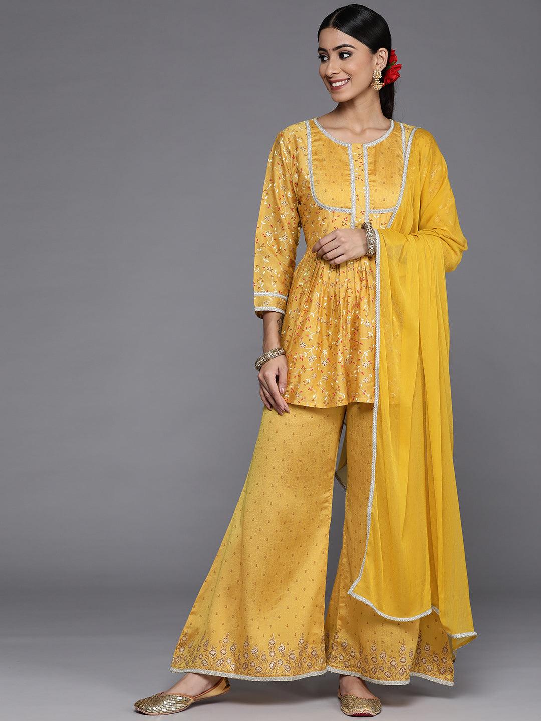 Mustard Printed Silk Blend Anarkali Suit Set With Palazzos - ShopLibas 