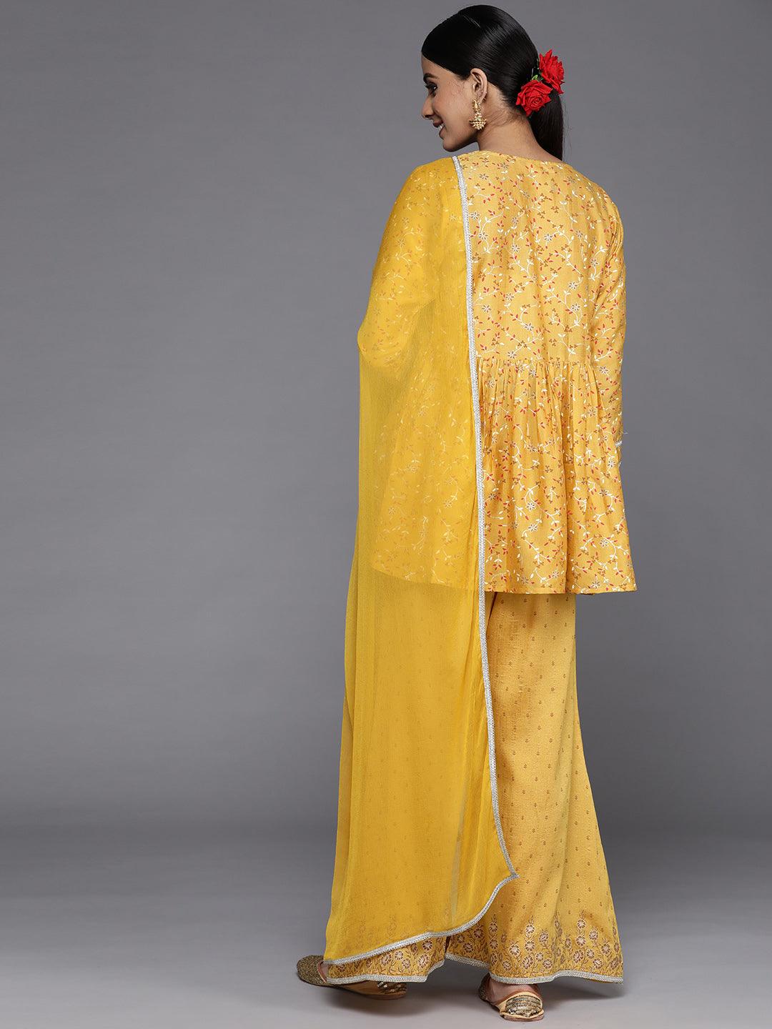 Mustard Printed Silk Blend Anarkali Suit Set With Palazzos - ShopLibas 