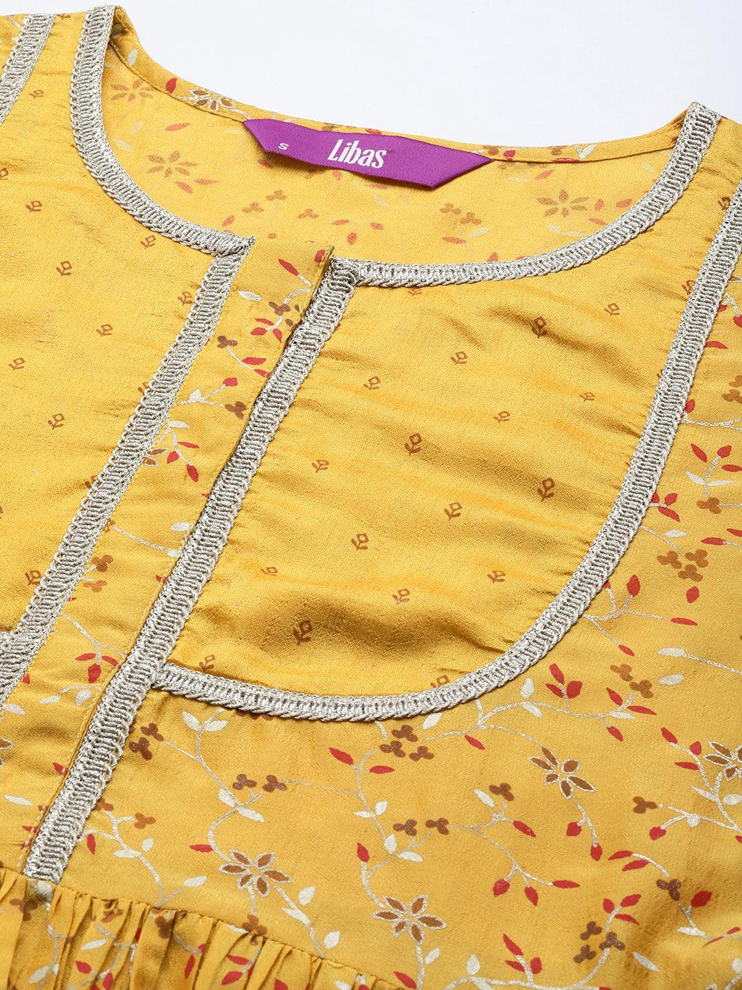 Mustard Printed Silk Blend Anarkali Suit Set With Palazzos - ShopLibas 